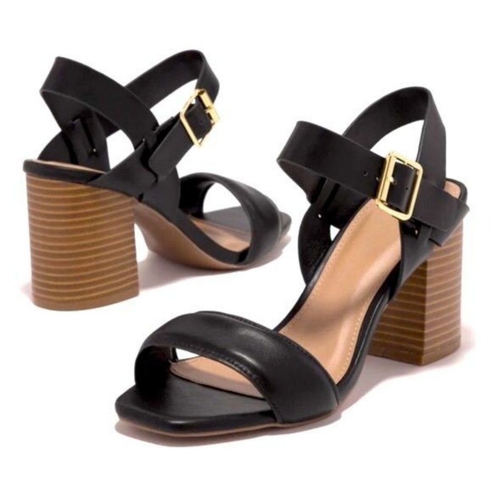!! NEW !! Vegan Leather Ankle Strap Block Heels in Black - Picture 7 of 8